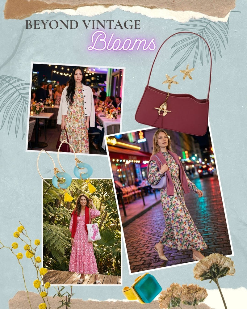 Floral dresses from sustainable fashion brands and fashion accessories