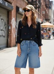 Black Floral Embroidery Cotton Blouse