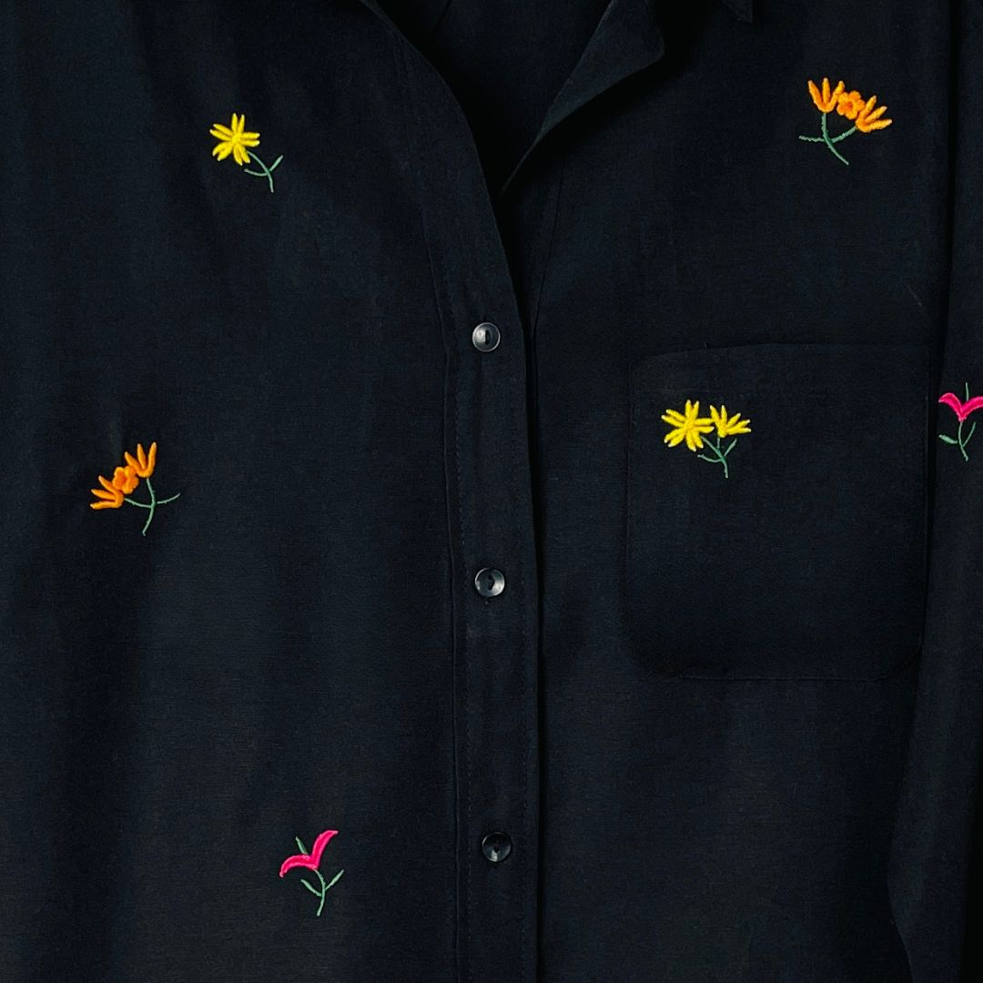 Black Floral Embroidery Cotton Blouse
