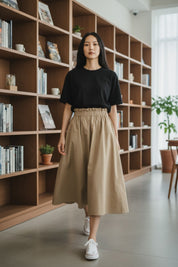 Ruffle Waist Poplin Midi-Skirt