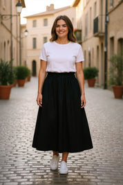 Ruffle Waist Poplin Midi-Skirt