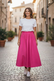 Ruffle Waist Poplin Midi-Skirt
