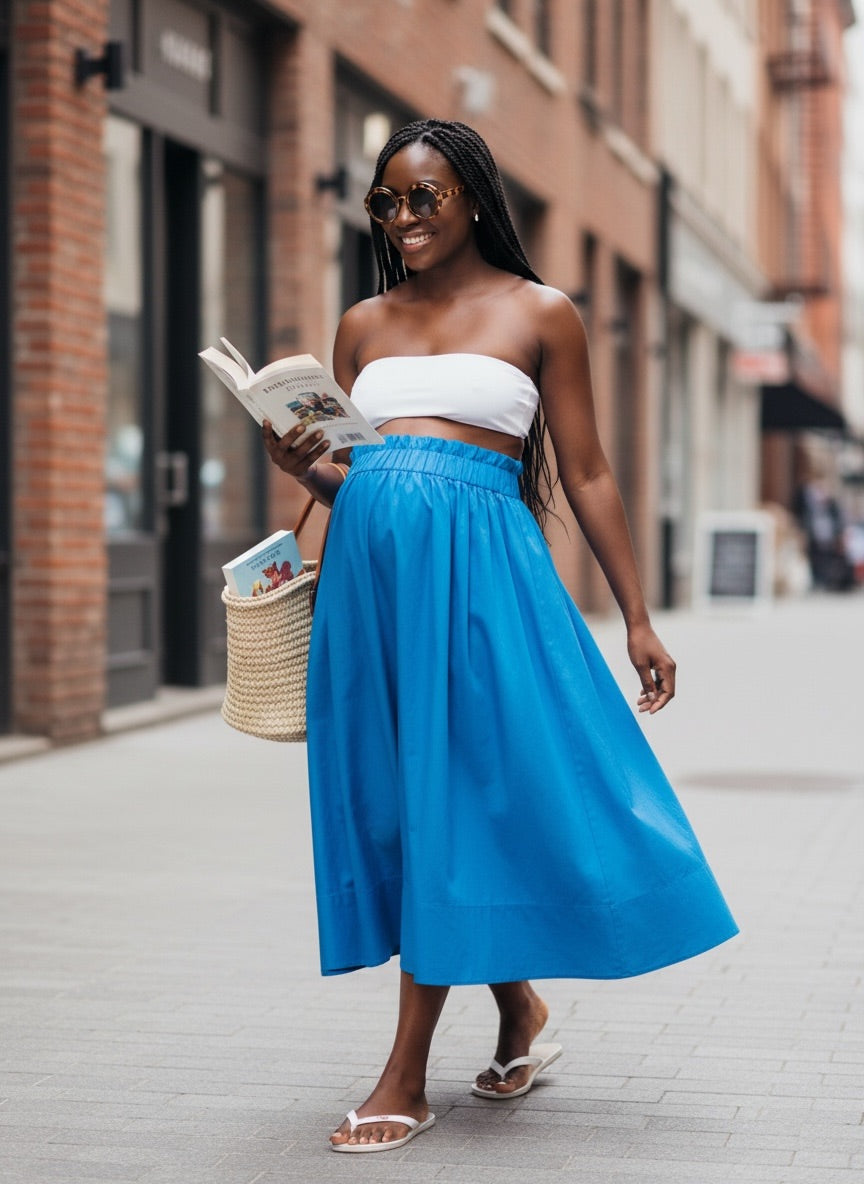 Ruffle Waist Poplin Midi-Skirt