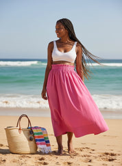 Ruffle Waist Poplin Midi-Skirt